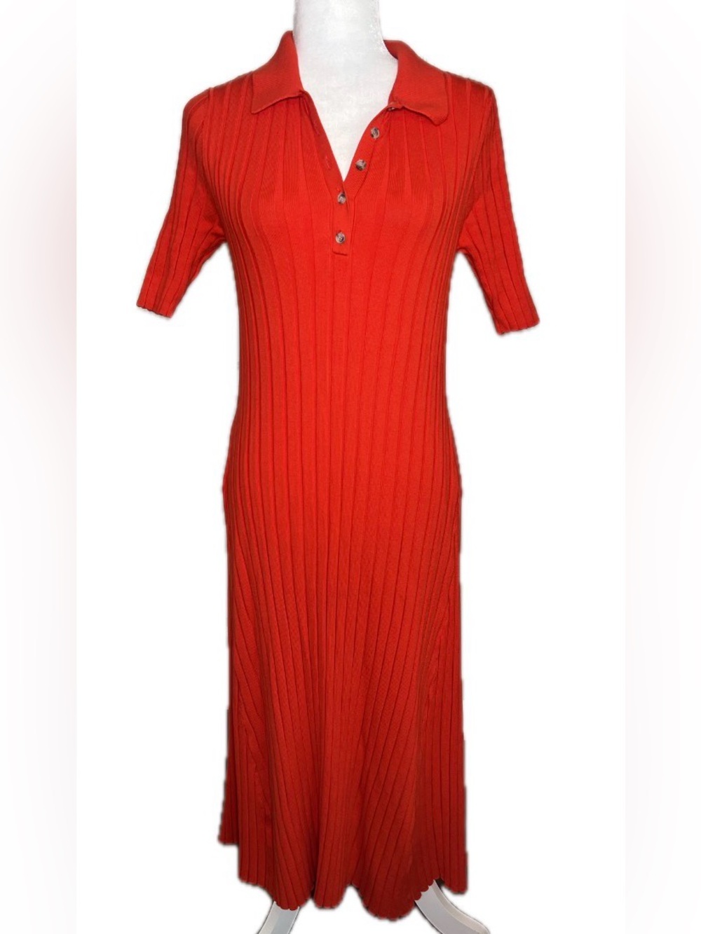 LOFT Red Ribbed Collared Short Sleeve Midi Sweater Dress L Large - Picture 2 of 8